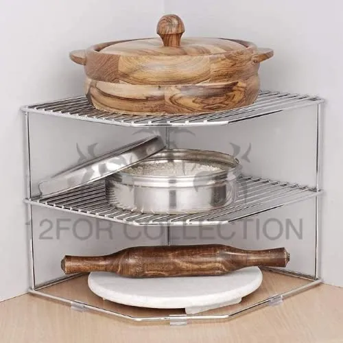 12FOR COLLECTION Stainless Steel 3-Tier Storage Rack for Corners, Multipurpose Stainless Steel Kitchen Plate Dish Corner Shelf Rack Stand Holder, Corner Shelf