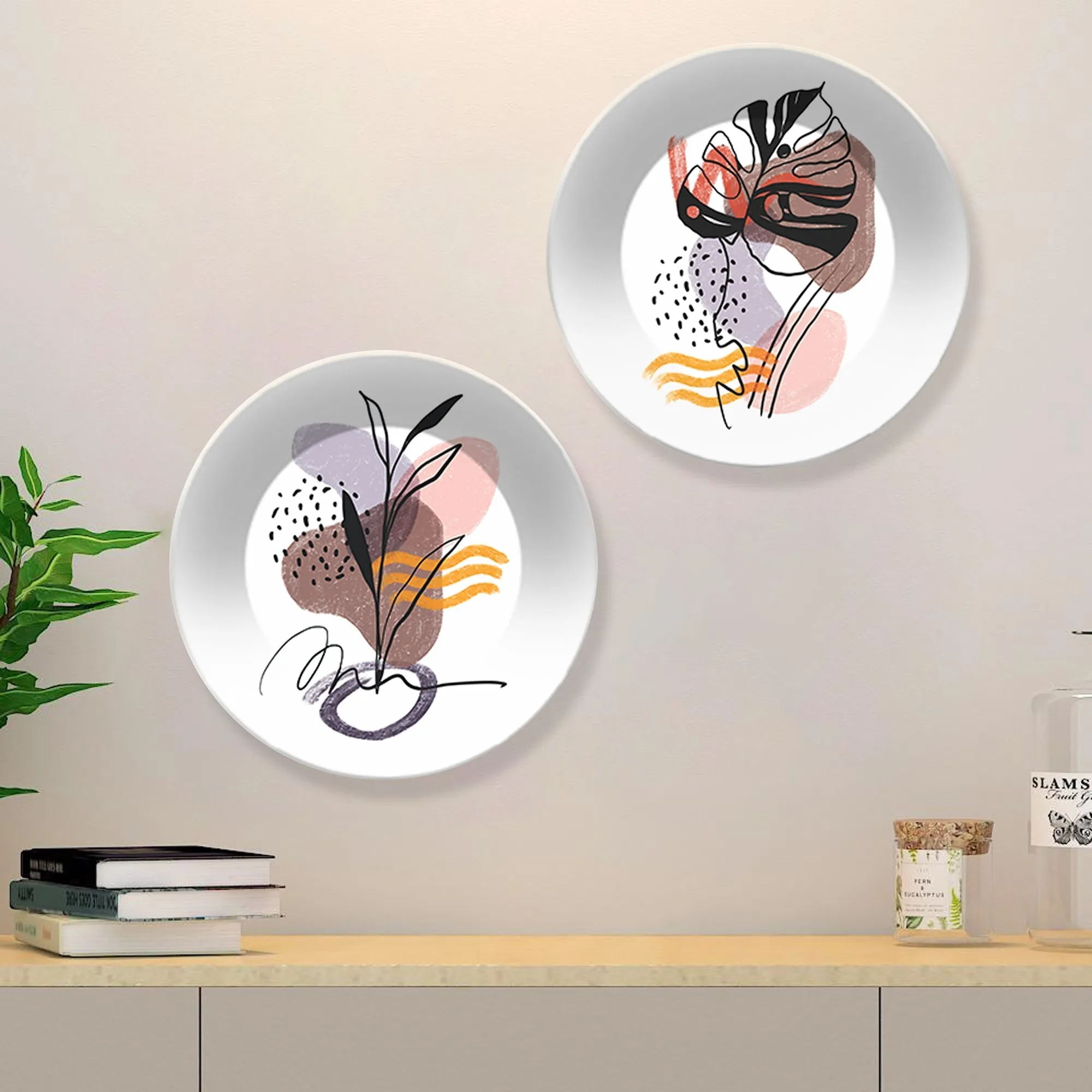 Abstract Line Art Ceramic Wall Hanging Plates of Two Pieces