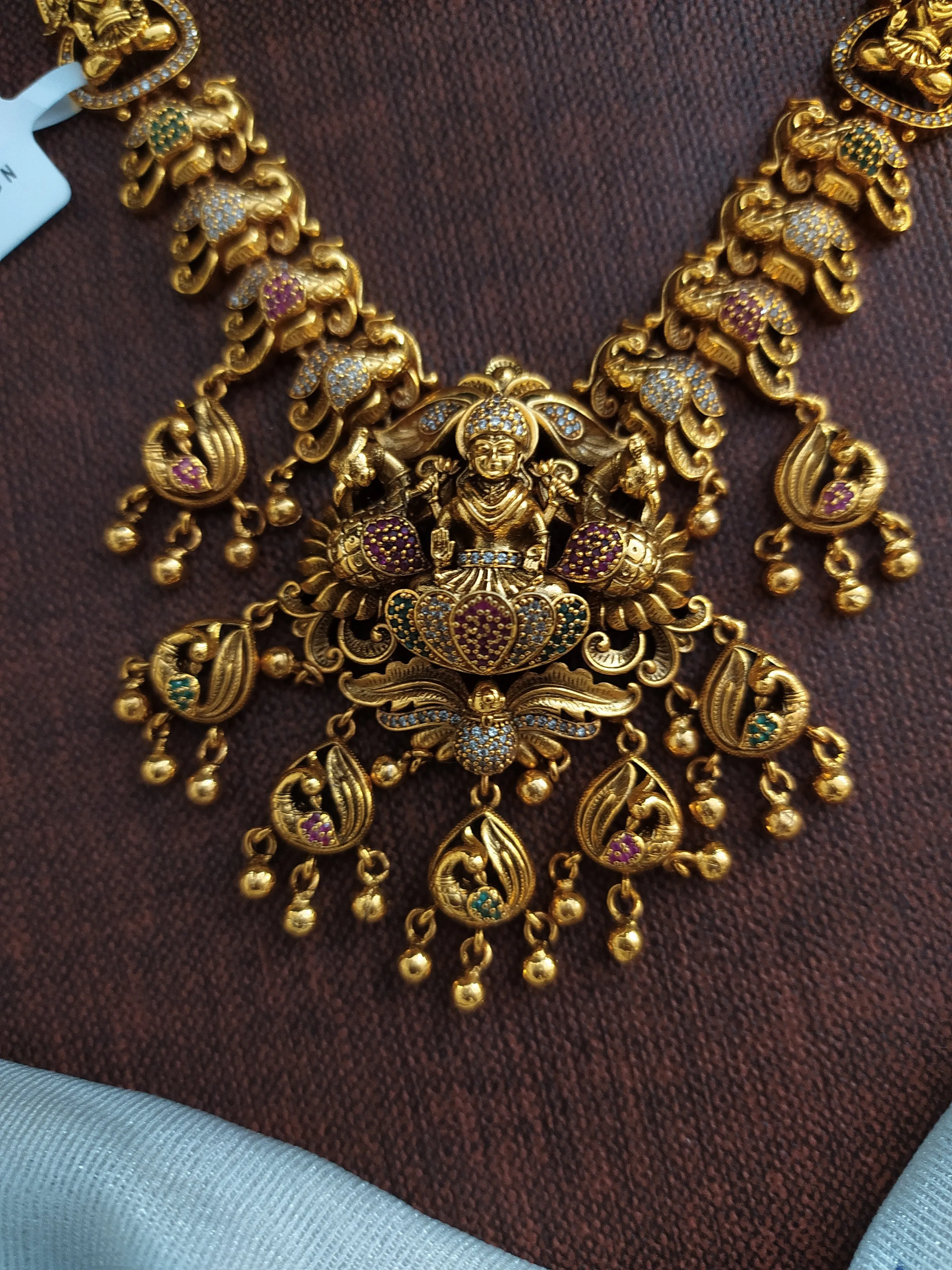 Antique Lakshmi Necklace Set with Peacock Nakshi Work and Zircon Stones