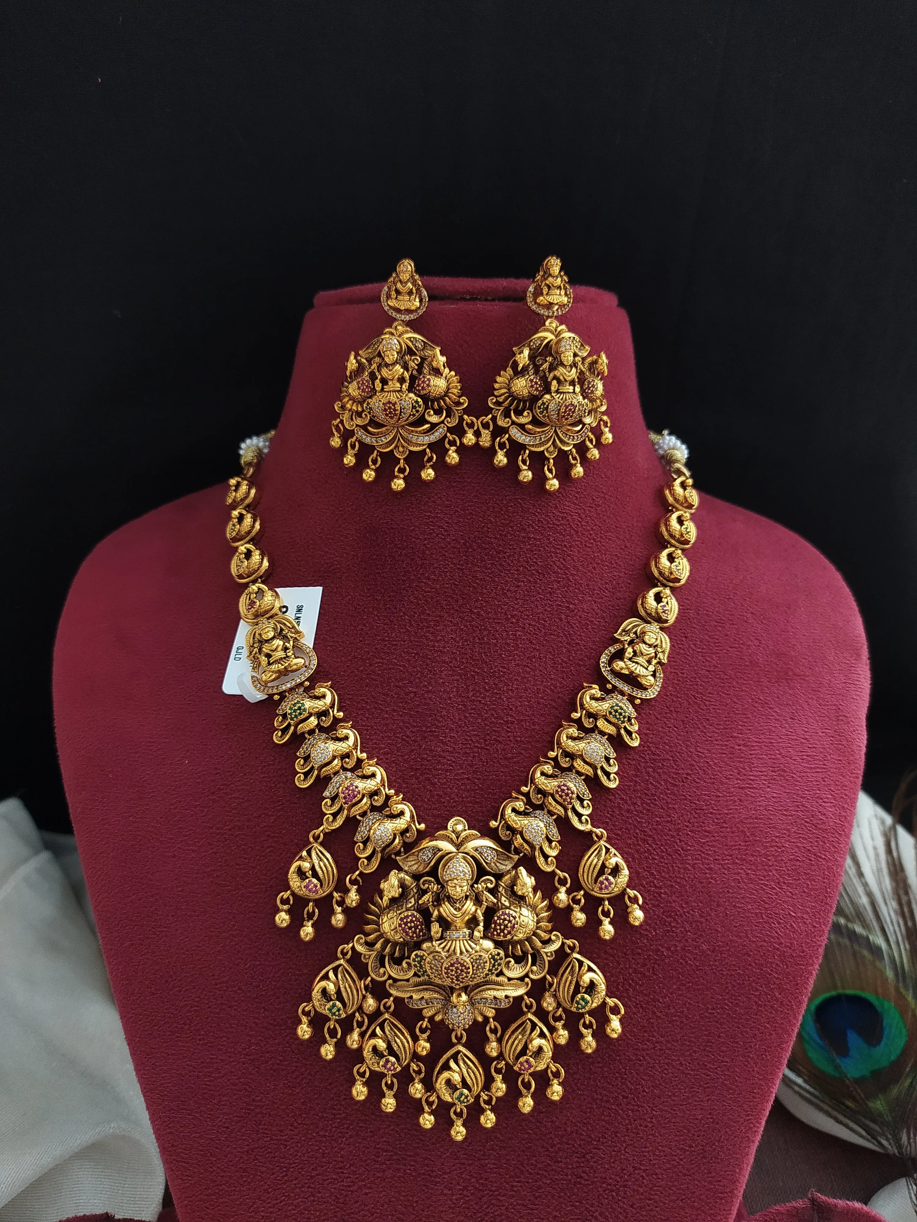 Antique Lakshmi Necklace Set with Peacock Nakshi Work and Zircon Stones