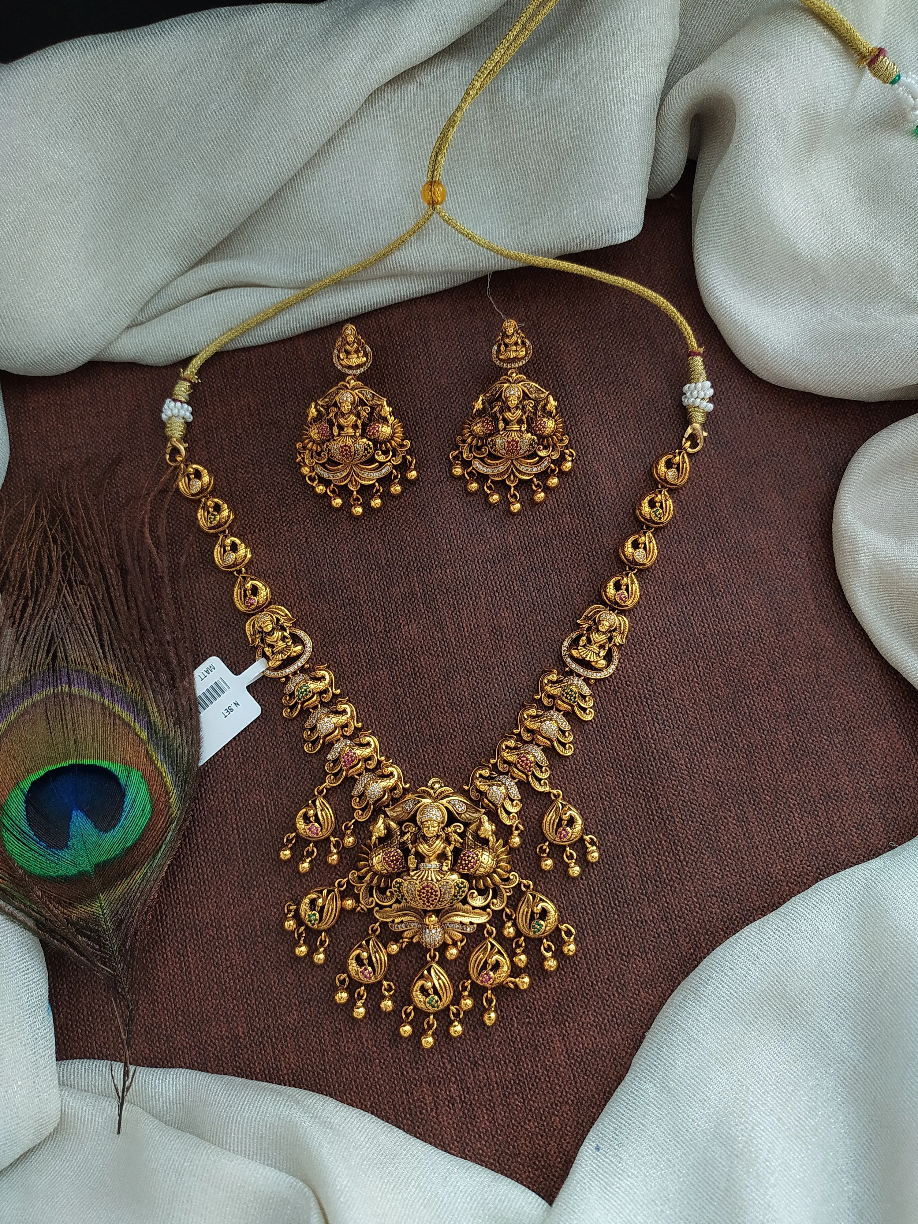 Antique Lakshmi Necklace Set with Peacock Nakshi Work and Zircon Stones