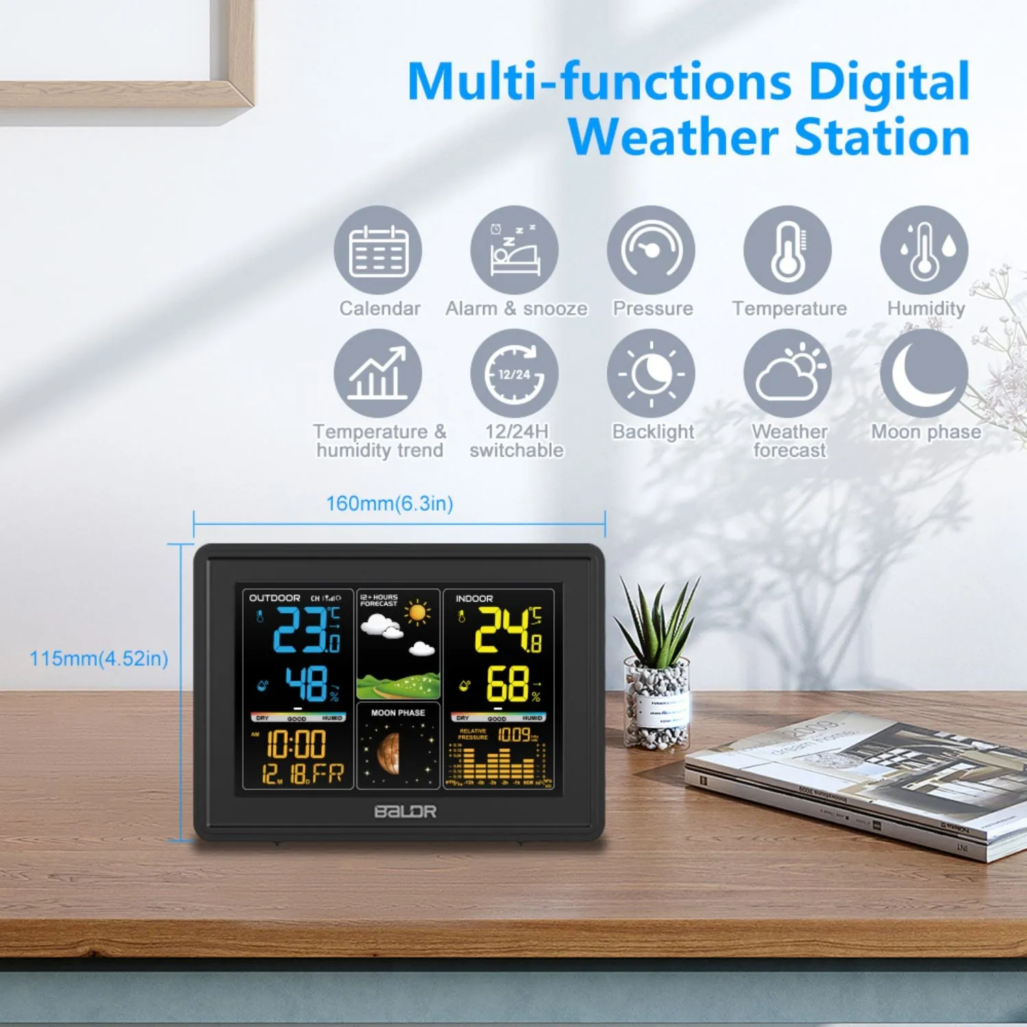 Baldr Wireless Home Weather Station with Indoor Outdoor Thermometer and Humidity Monitor,12-24 Hour Weather Forecast, Moon Phase Display, Atomic Time and Date, Barometric History, and More