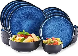 Blue Stoneware Dinnerware Sets - Kitchen Plates And Bowls Set, Microwave