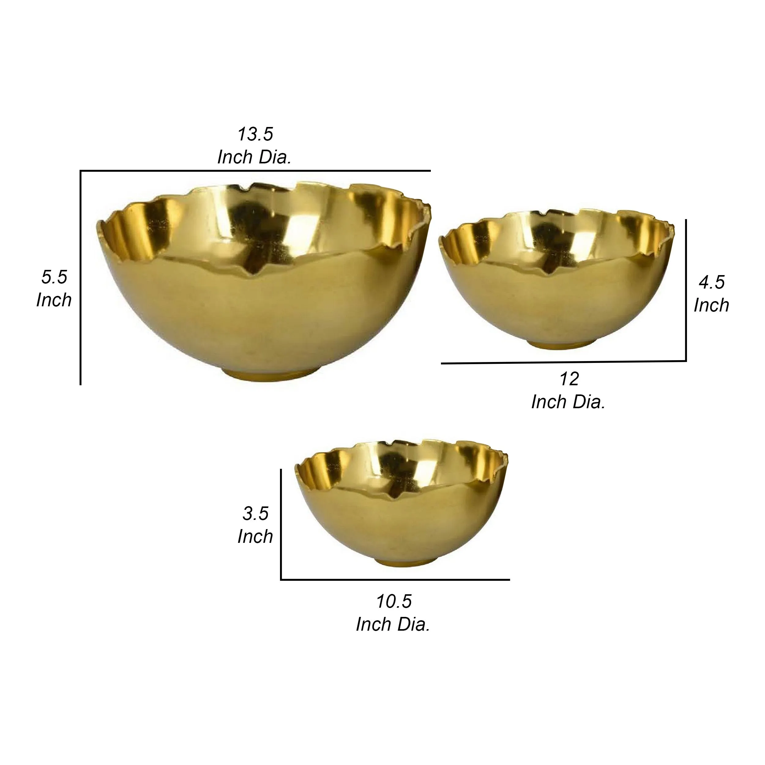 Bonz Set of 3 Bowls, Unique Top Shape, Round Base, Gold Metal Finish By Casagear Home