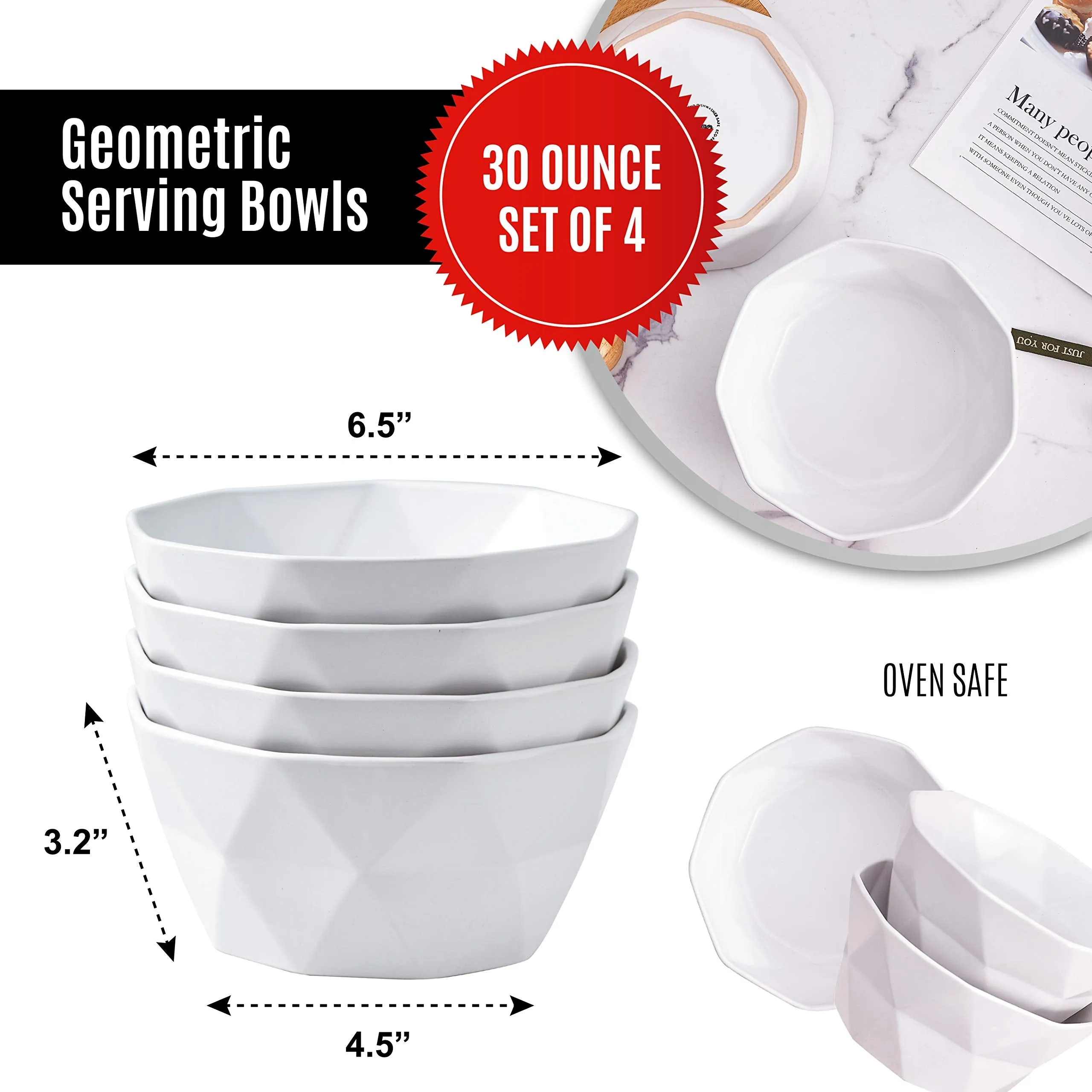 Bruntmor Geometric Matte 30 Oz Oven Safe Cereal Bowls Ceramic Large Serving Bowls