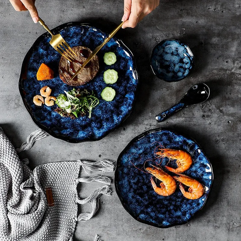 Ceramic Dinner Plates And Bowls Blue Dishes Creative Dinnerware Set