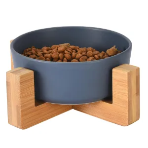 Ceramic Dog Bowls - Feeding Bowl With Wooden Stand For Food Or Water - Elevated