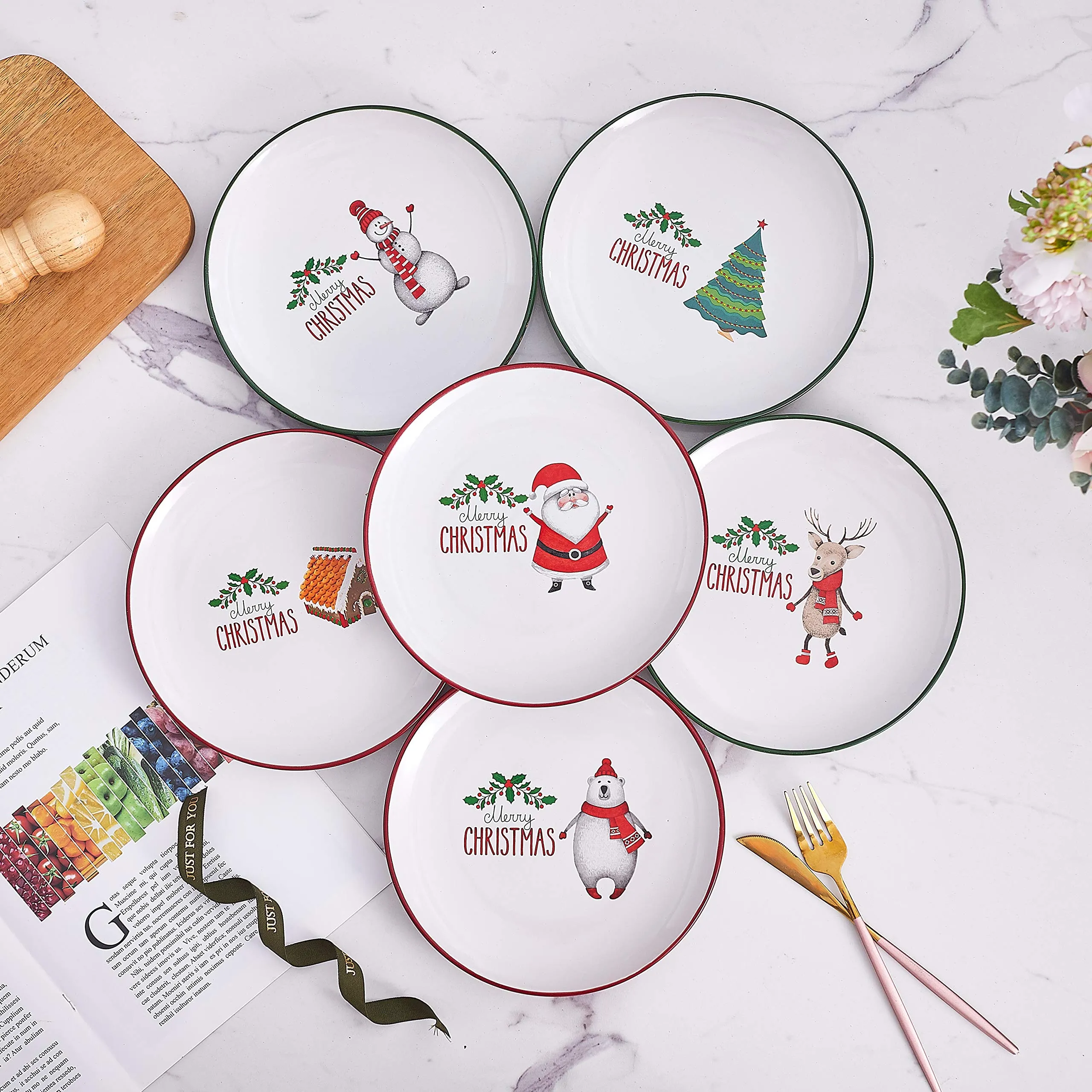 Christmas Theme Holiday-Inspired Ceramic Dinner Plates 8" - Set Of 6