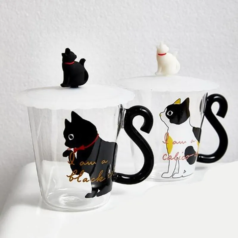 Contemporary Black Cat Shape Image Glass Coffee Mug