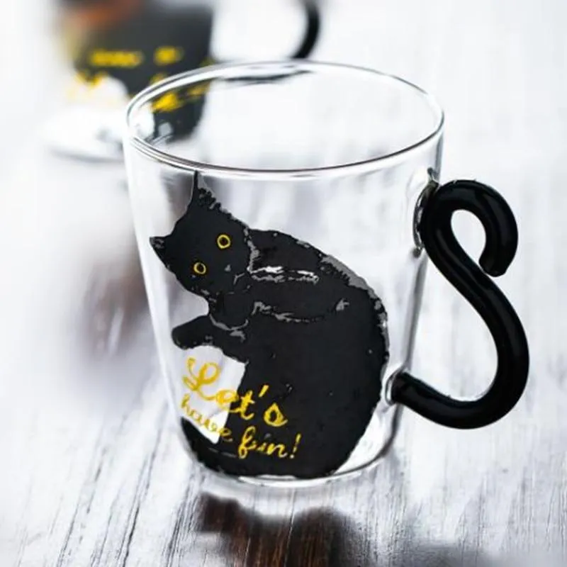 Contemporary Black Cat Shape Image Glass Coffee Mug