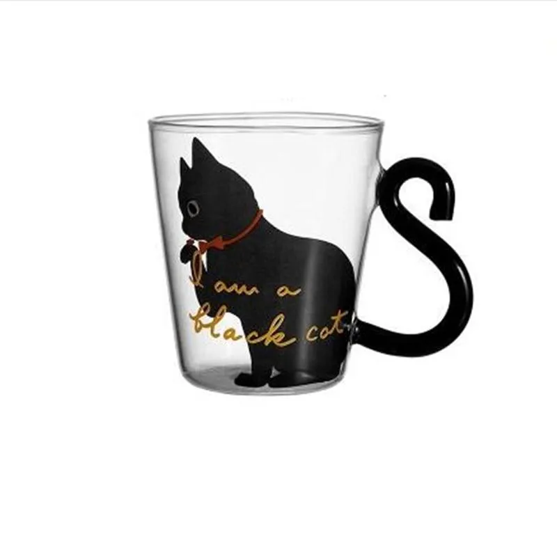 Contemporary Black Cat Shape Image Glass Coffee Mug