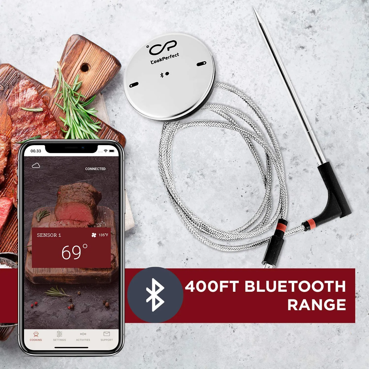 CookPerfect New Smart Wireless Meat Thermometer with 400ft Bluetooth Range for The Oven Grill Kitchen BBQ Smoker Rotisserie with Bluetooth and WiFi Stove Digital Connectivity (1 Probe Included)