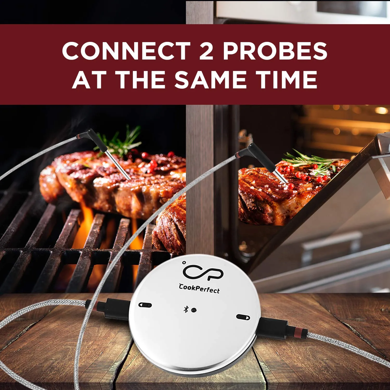 CookPerfect New Smart Wireless Meat Thermometer with 400ft Bluetooth Range for The Oven Grill Kitchen BBQ Smoker Rotisserie with Bluetooth and WiFi Stove Digital Connectivity (1 Probe Included)