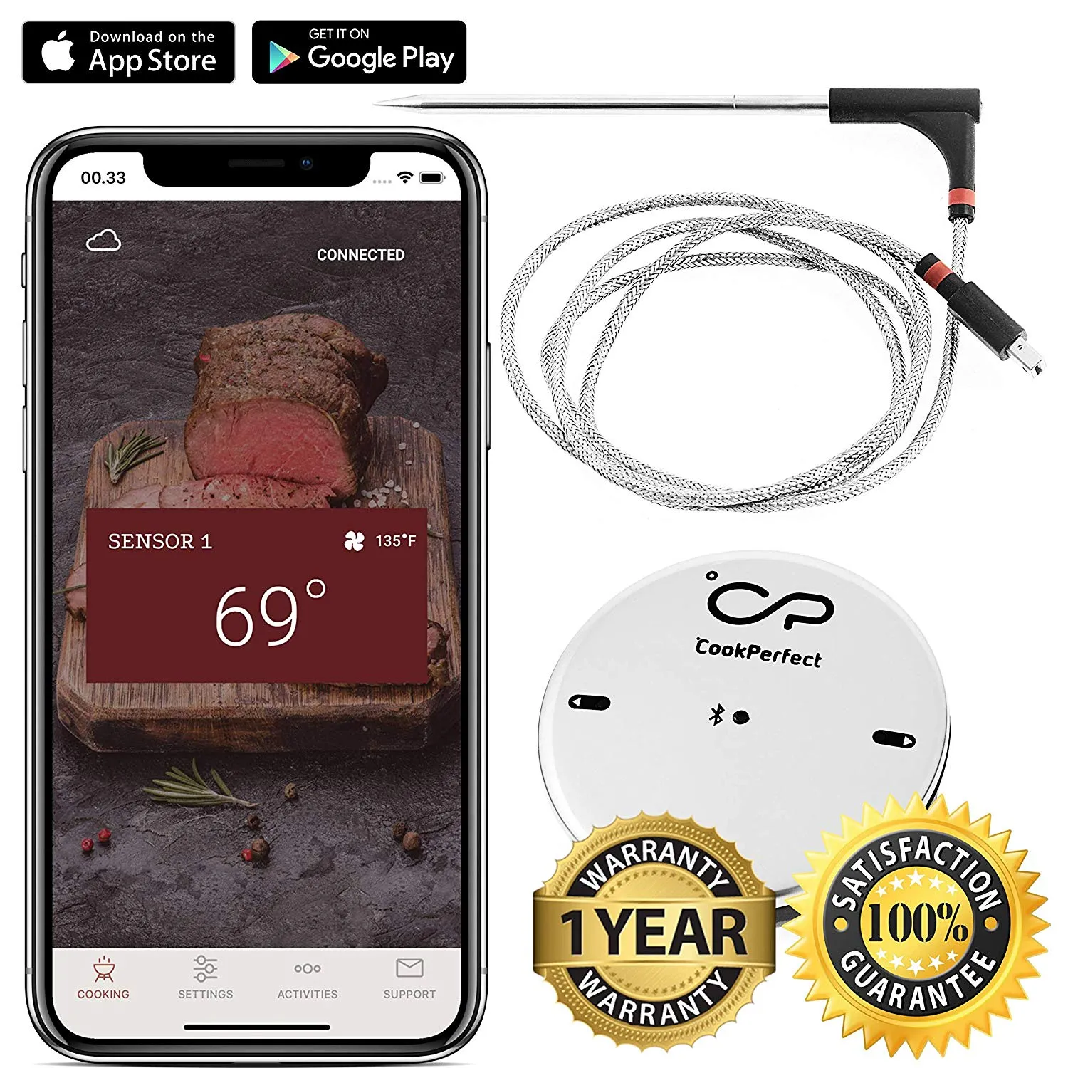 CookPerfect New Smart Wireless Meat Thermometer with 400ft Bluetooth Range for The Oven Grill Kitchen BBQ Smoker Rotisserie with Bluetooth and WiFi Stove Digital Connectivity (1 Probe Included)