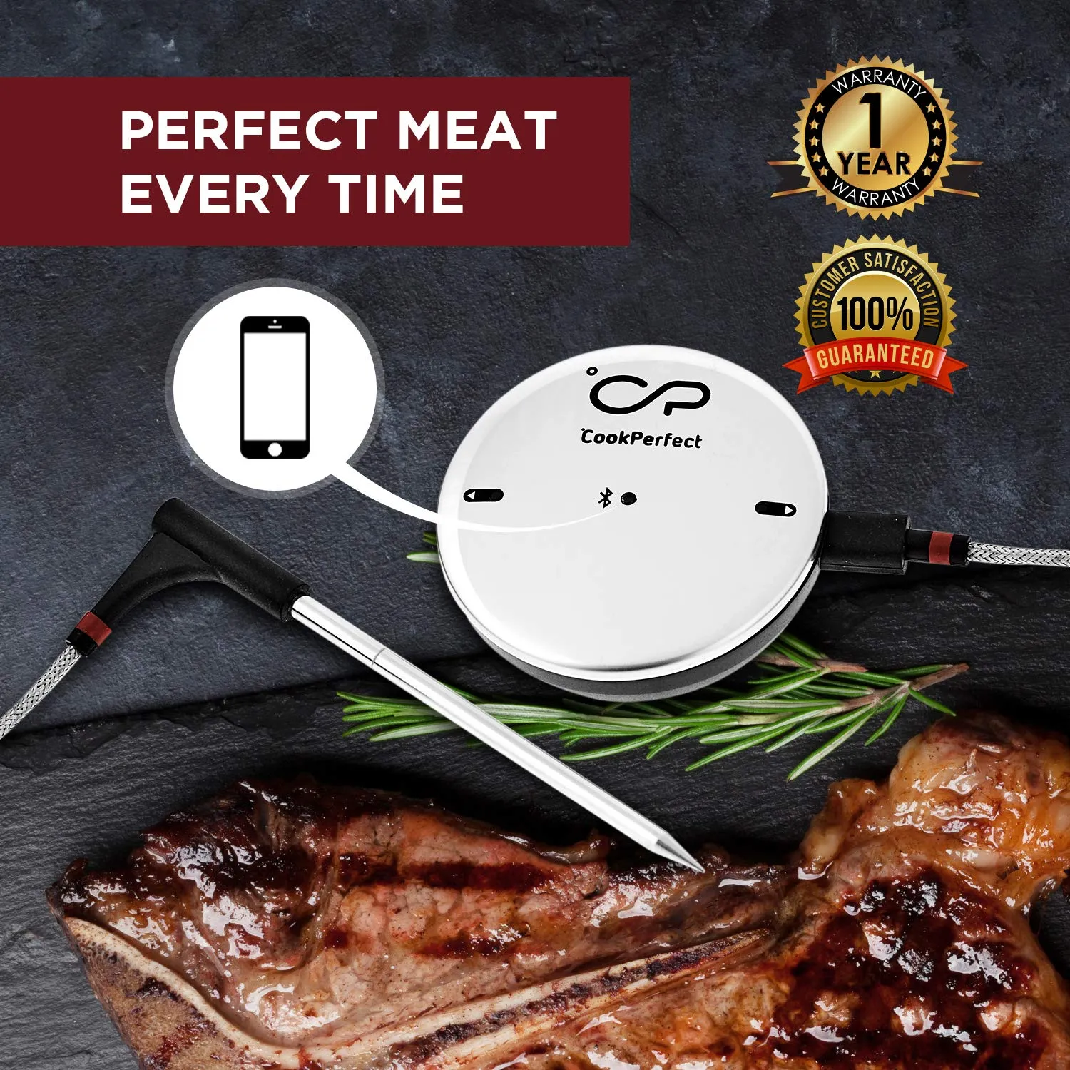 CookPerfect New Smart Wireless Meat Thermometer with 400ft Bluetooth Range for The Oven Grill Kitchen BBQ Smoker Rotisserie with Bluetooth and WiFi Stove Digital Connectivity (1 Probe Included)