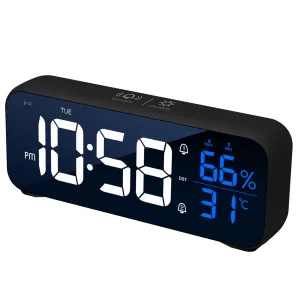 Digital Alarm Clock Temperature and Humidity Large Mirror LED Electronic Clock with USB Charger Display Table Clock