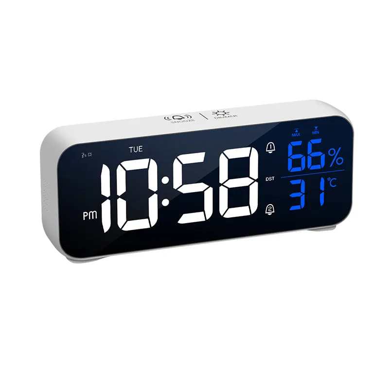 Digital Alarm Clock Temperature and Humidity Large Mirror LED Electronic Clock with USB Charger Display Table Clock