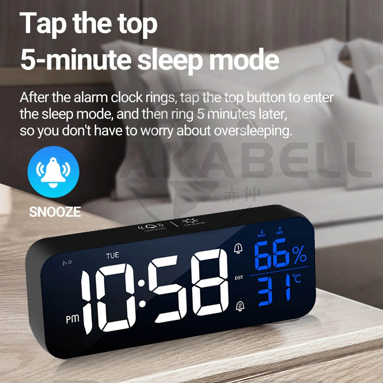 Digital Alarm Clock Temperature and Humidity Large Mirror LED Electronic Clock with USB Charger Display Table Clock