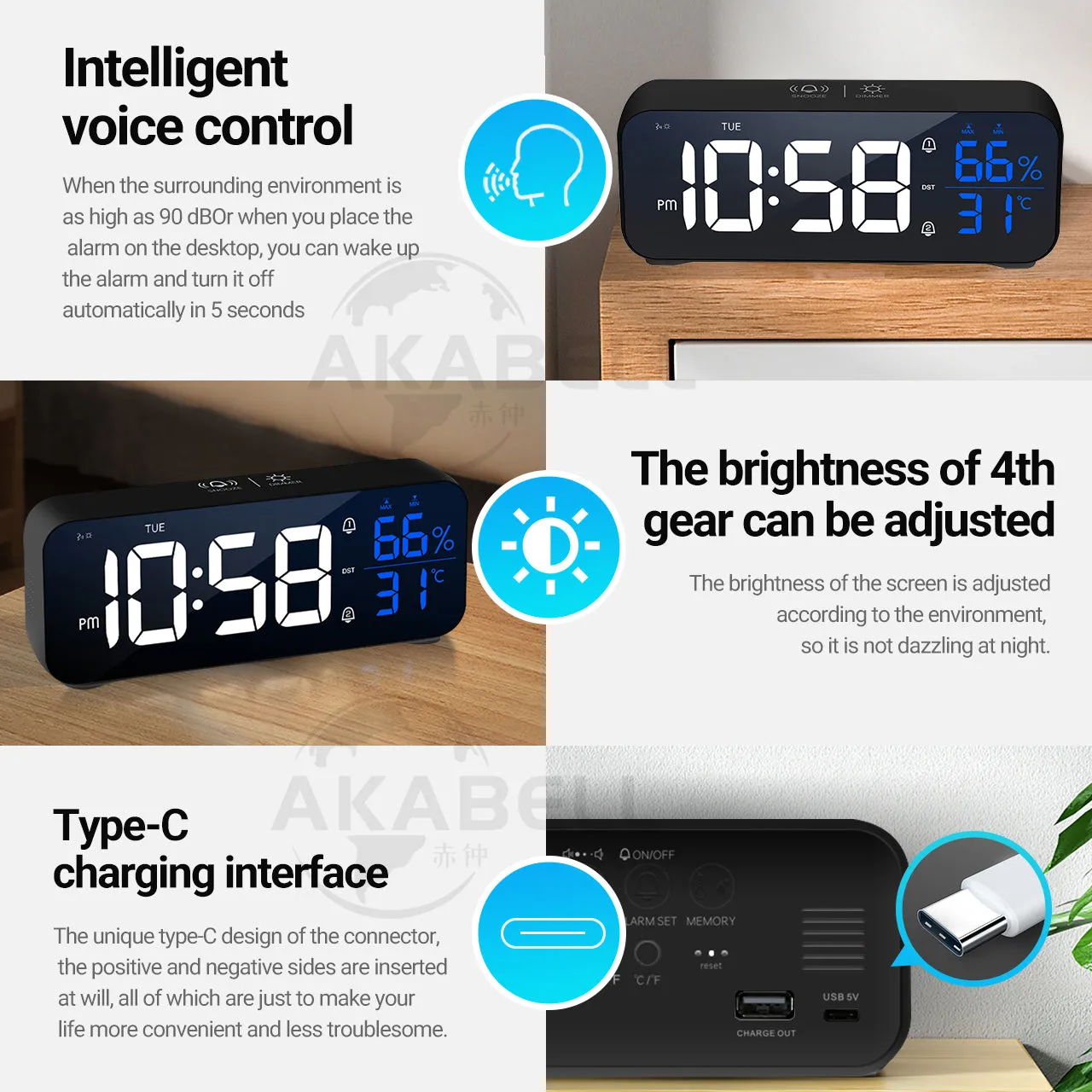 Digital Alarm Clock Temperature and Humidity Large Mirror LED Electronic Clock with USB Charger Display Table Clock