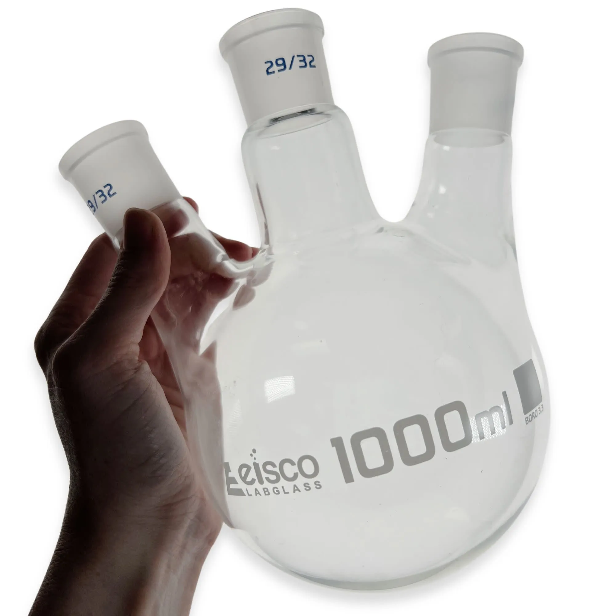 Eisco Labs - 1000mL Distilling Flask with 3 Angled Necks, Round Bottom, 29/32 Ground Glass Joints - Borosilicate Glass, Multi-Neck Flask for Distillation, Reflux, Vacuum, and Chemical Synthesis Applications