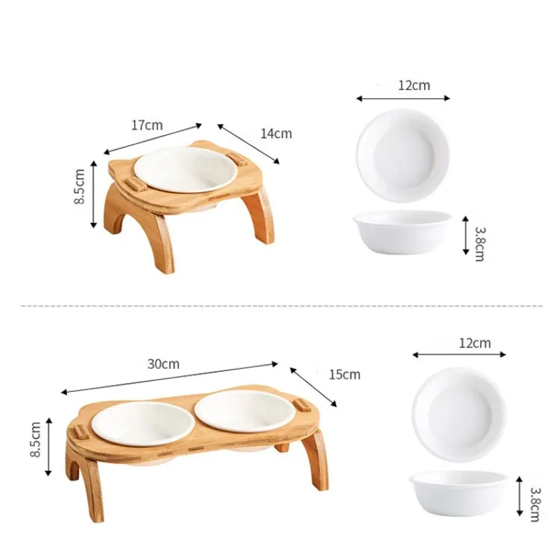 Elevated Cat Bowls with Bamboo Stand - Ceramic Raised Food Bowls for Cats and Small Dogs