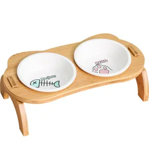 Elevated Cat Bowls with Bamboo Stand - Ceramic Raised Food Bowls for Cats and Small Dogs