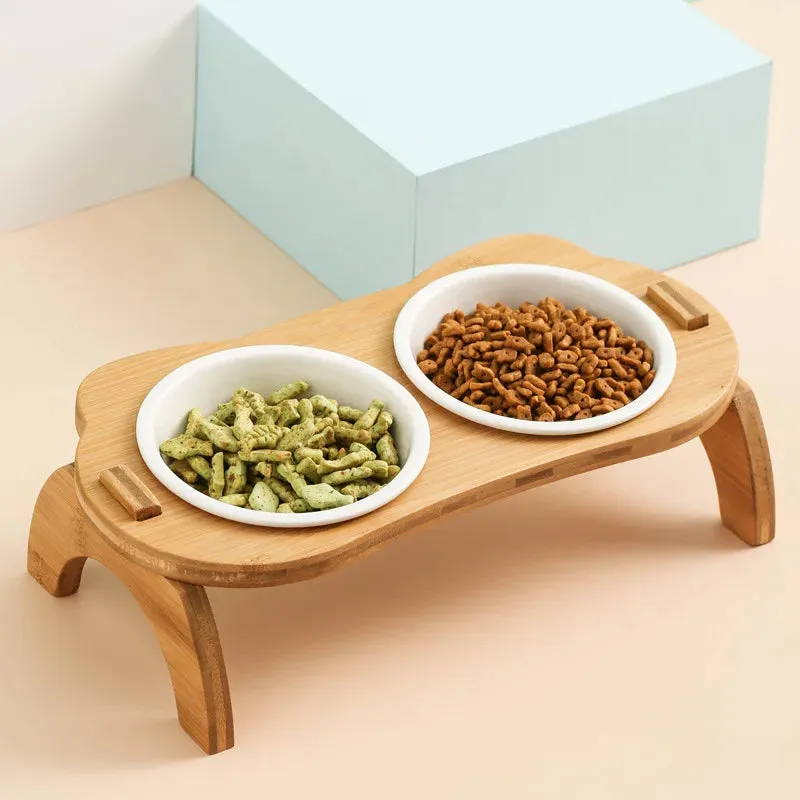 Elevated Cat Bowls with Bamboo Stand - Ceramic Raised Food Bowls for Cats and Small Dogs