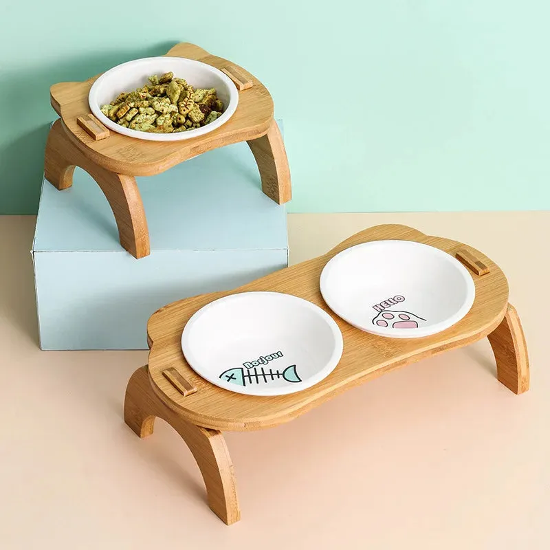 Elevated Cat Bowls with Bamboo Stand - Ceramic Raised Food Bowls for Cats and Small Dogs