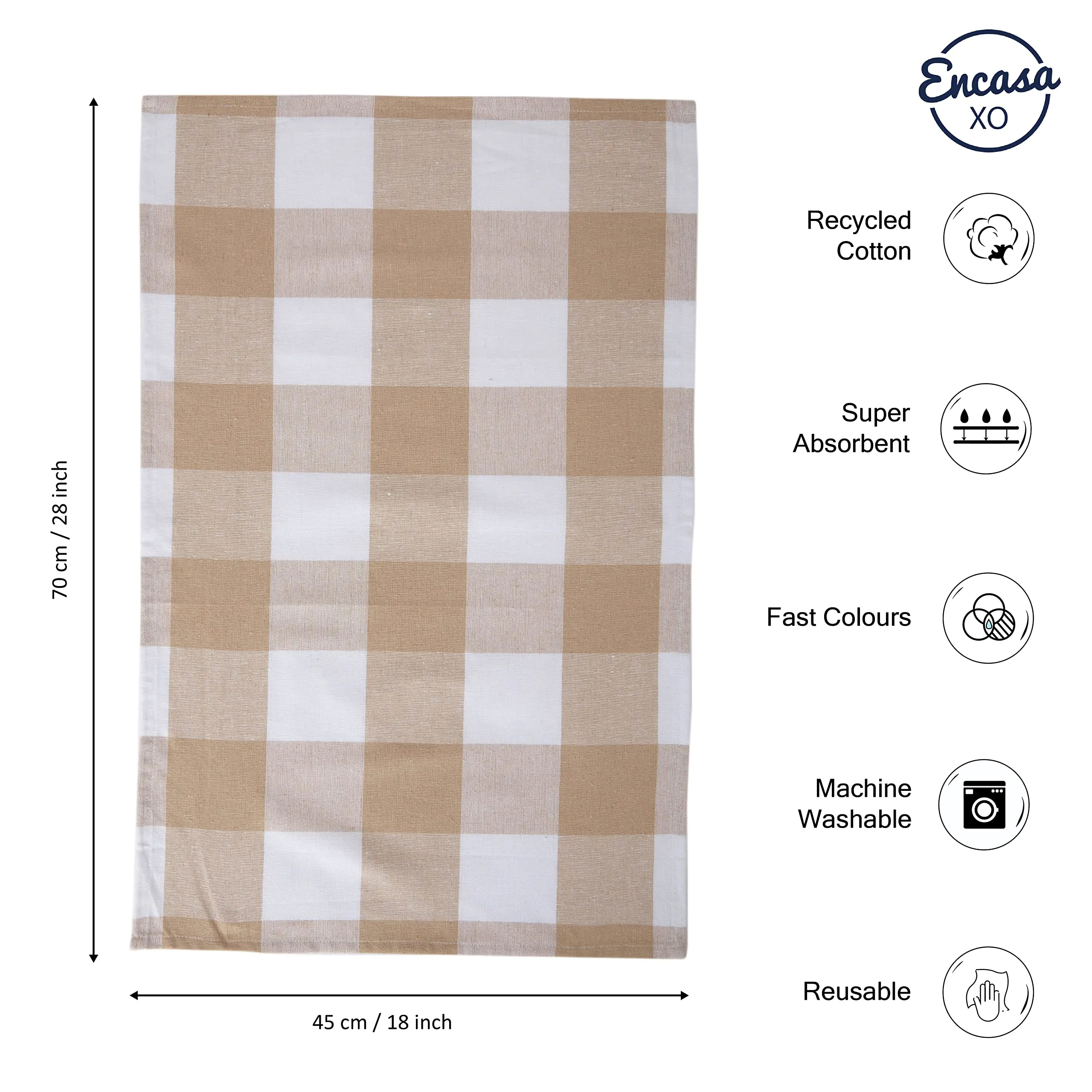 Encasa Homes Anti-Bacterial Kitchen Dish Towels X-Large 18 x 28 inch (12pc set Waffle, Stripe, Check) Eco-Friendly Cotton, Highly Absorbent Teatowel for Quick Cleaning, Drying Plates & Glasses - Beige