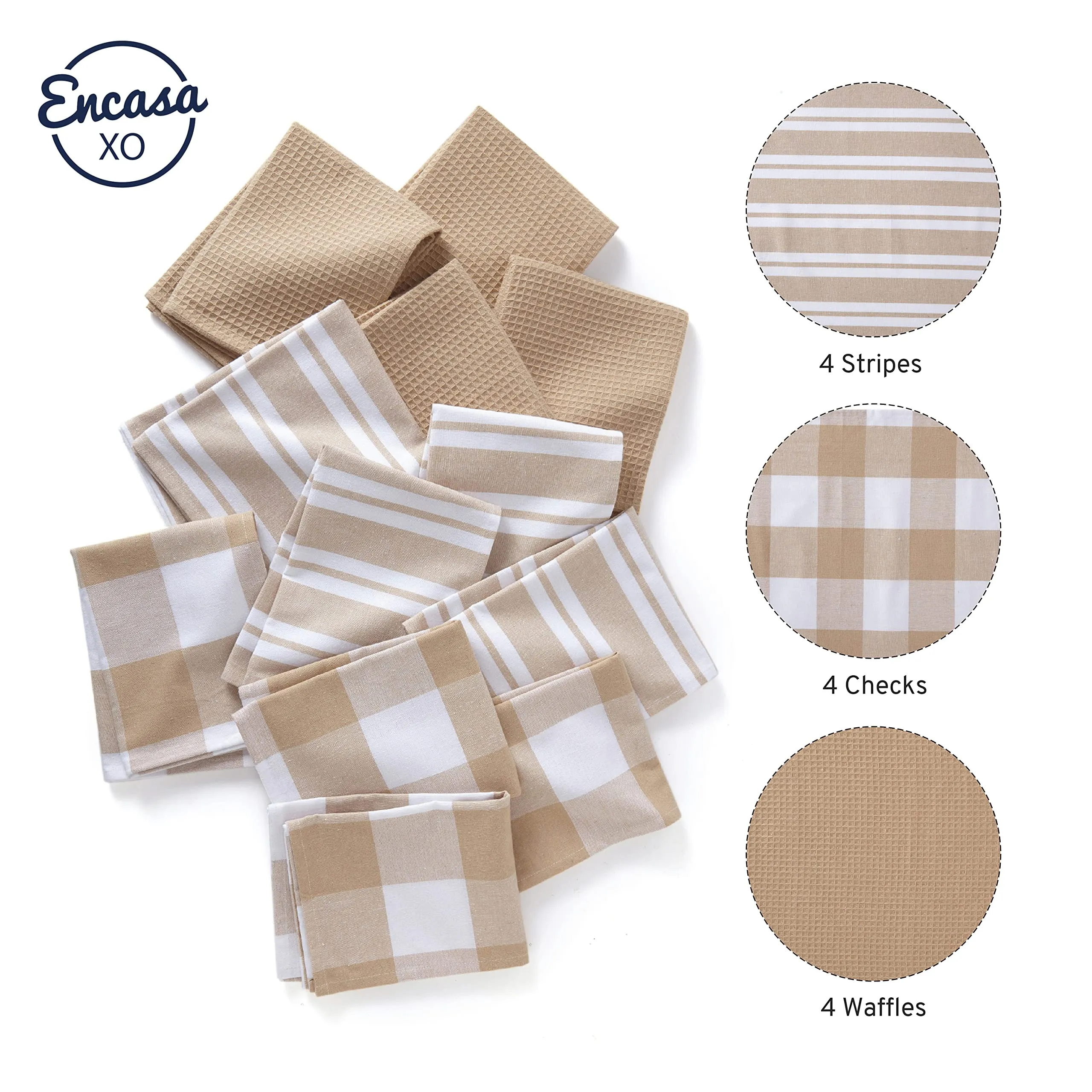 Encasa Homes Anti-Bacterial Kitchen Dish Towels X-Large 18 x 28 inch (12pc set Waffle, Stripe, Check) Eco-Friendly Cotton, Highly Absorbent Teatowel for Quick Cleaning, Drying Plates & Glasses - Beige