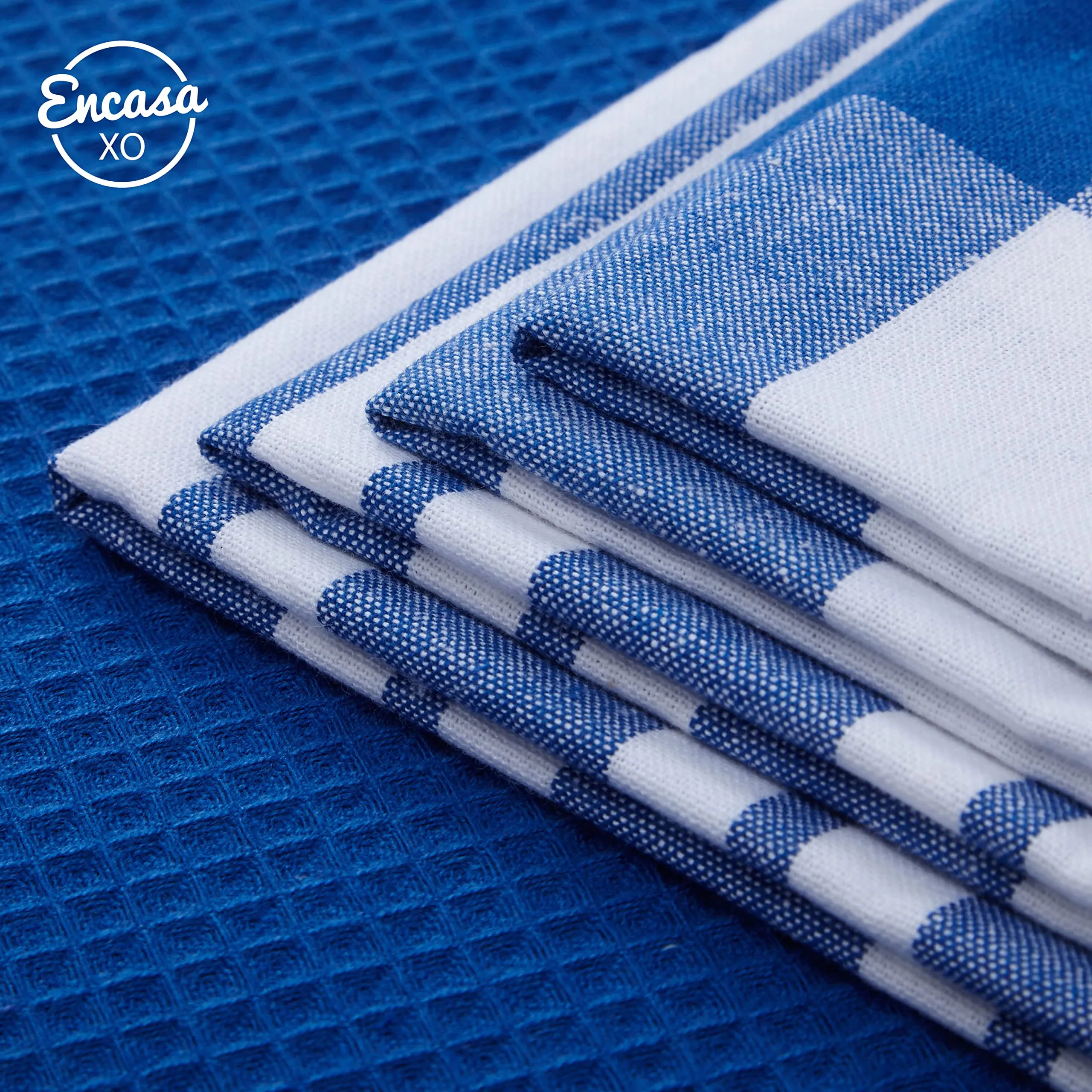 Encasa Homes Anti-Bacterial Kitchen Dish Towels X-Large 18 x 28 inch (12pc Set Waffle, Stripe, Check) Eco-Friendly Cotton, Highly Absorbent Teatowel for Quick Cleaning, Drying Plates & Glasses - Blue