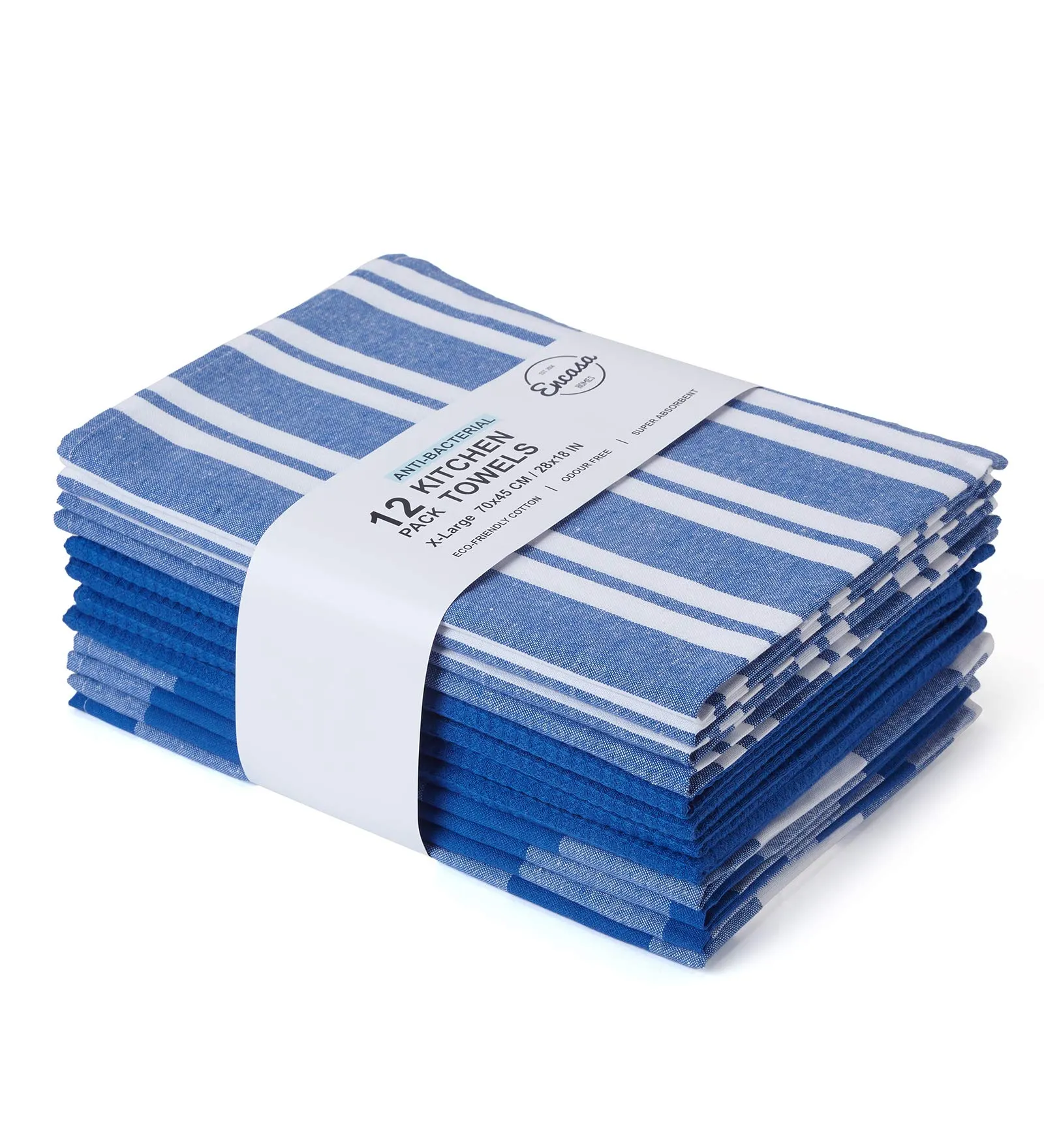 Encasa Homes Anti-Bacterial Kitchen Dish Towels X-Large 18 x 28 inch (12pc Set Waffle, Stripe, Check) Eco-Friendly Cotton, Highly Absorbent Teatowel for Quick Cleaning, Drying Plates & Glasses - Blue