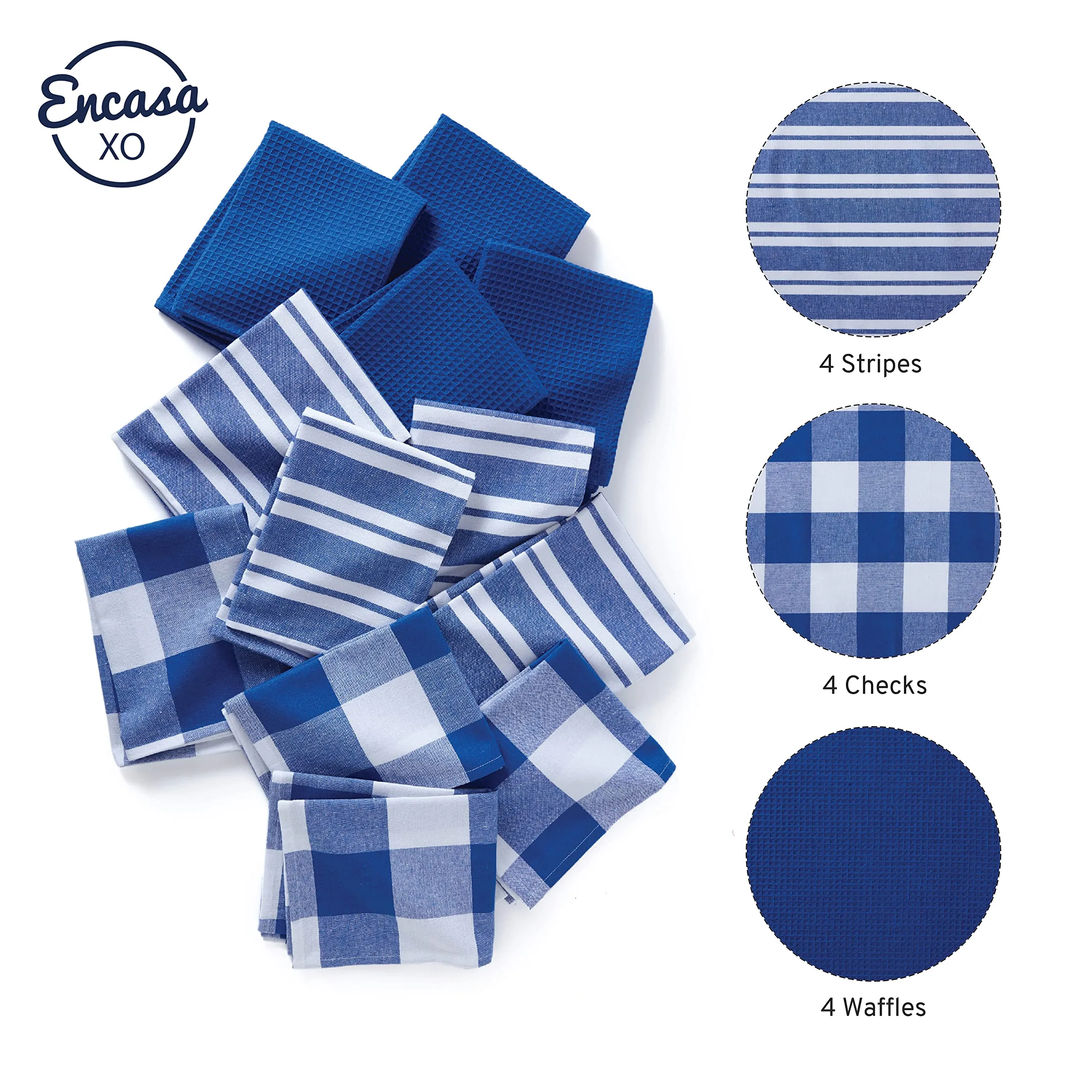 Encasa Homes Anti-Bacterial Kitchen Dish Towels X-Large 18 x 28 inch (12pc Set Waffle, Stripe, Check) Eco-Friendly Cotton, Highly Absorbent Teatowel for Quick Cleaning, Drying Plates & Glasses - Blue