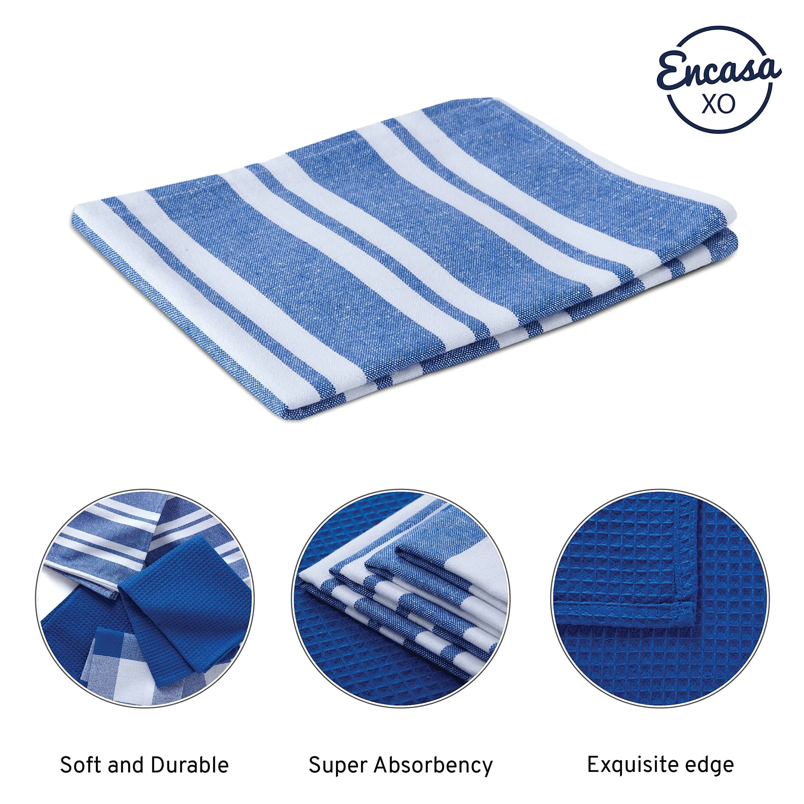 Encasa Homes Anti-Bacterial Kitchen Dish Towels X-Large 18 x 28 inch (12pc Set Waffle, Stripe, Check) Eco-Friendly Cotton, Highly Absorbent Teatowel for Quick Cleaning, Drying Plates & Glasses - Blue