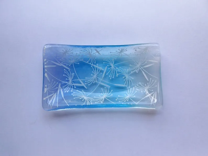 Eva Glass Design Blue and white dandelion clocks fused glass soap dish (EGD