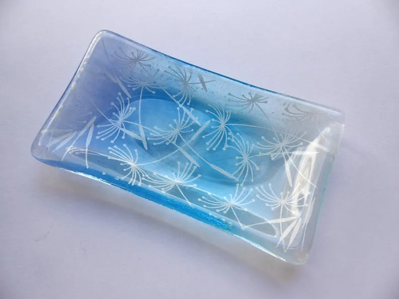 Eva Glass Design Blue and white dandelion clocks fused glass soap dish (EGD