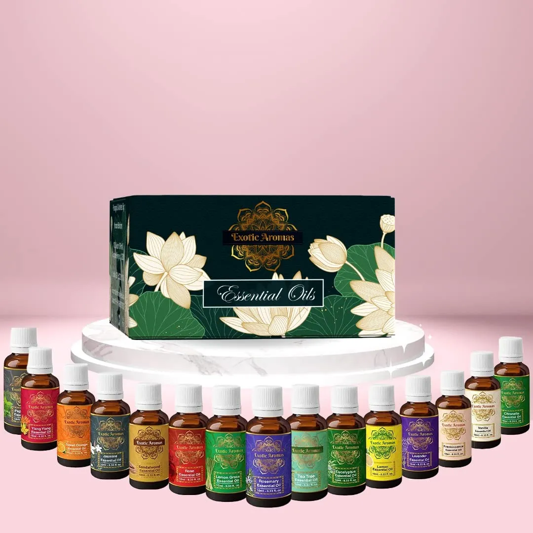 Exotic Aromas Essential Oil Pack of 15 Lavender Rose Sandalwood Jasmine Orange Rosemary Lemongrass Ylang Ylang Tea Tree Peppermint Eucalyptus Lemon Frankincense Vanilla Citronella