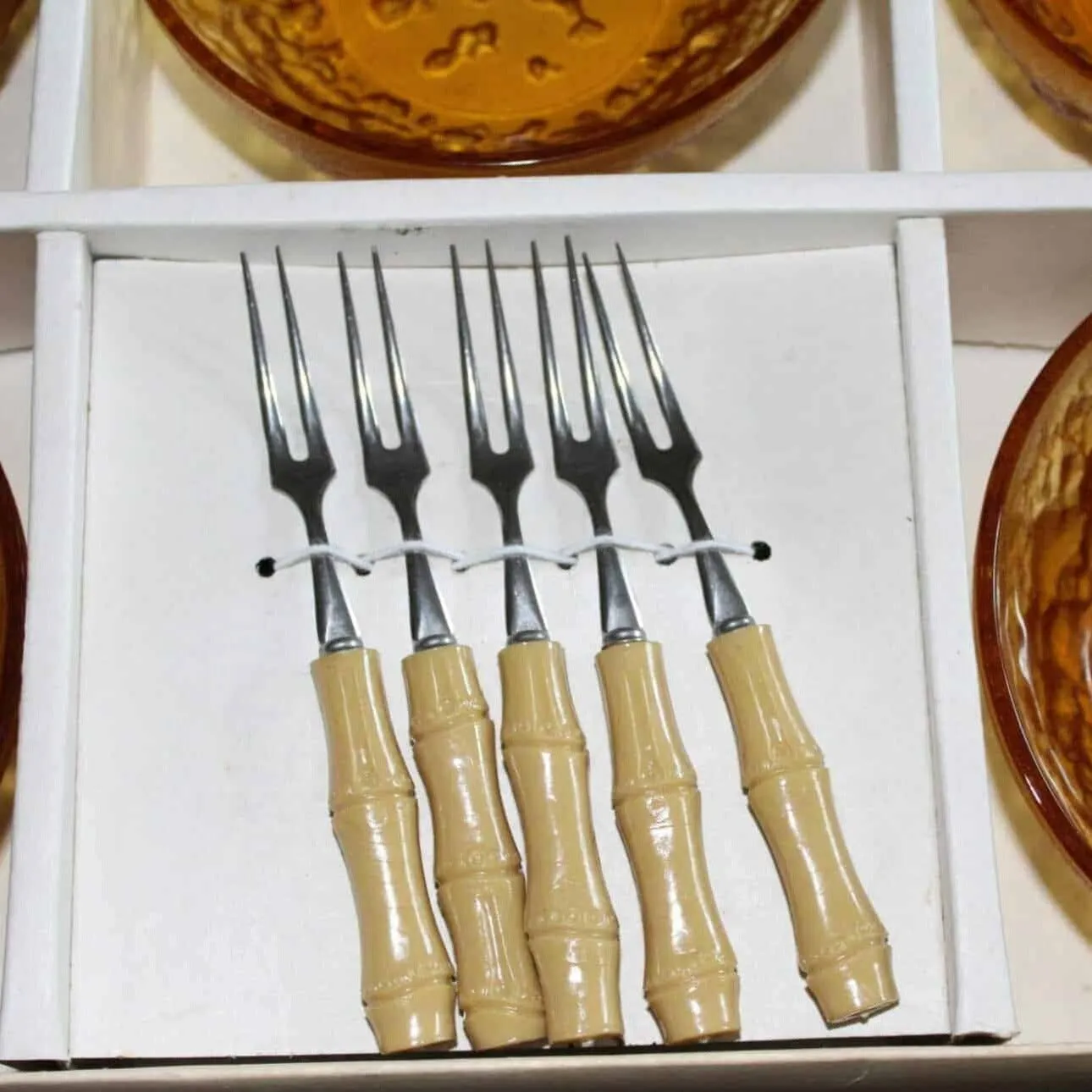 Fruit / Dessert Bowls, Toyo, Amber Glass with Forks, Vintage