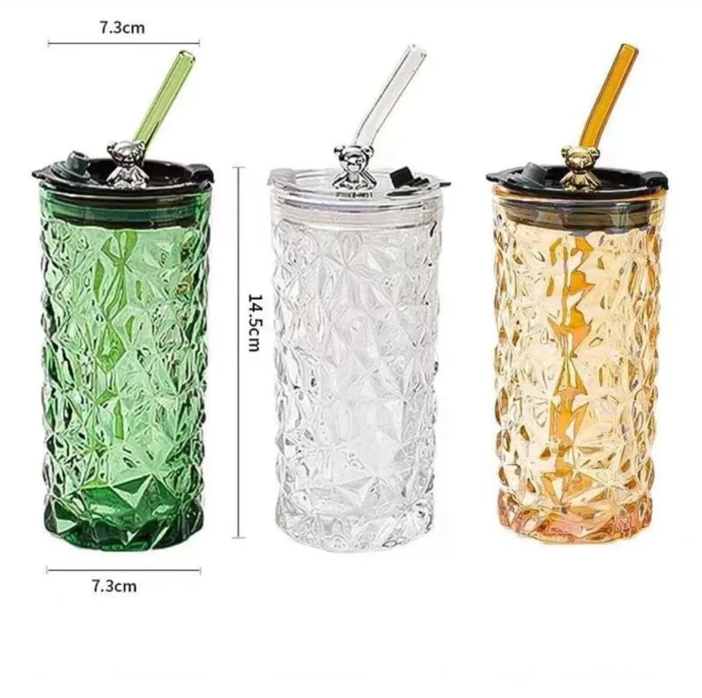 GLASS MUG WITH LID AND STRAW 400ML - PACK OF 3