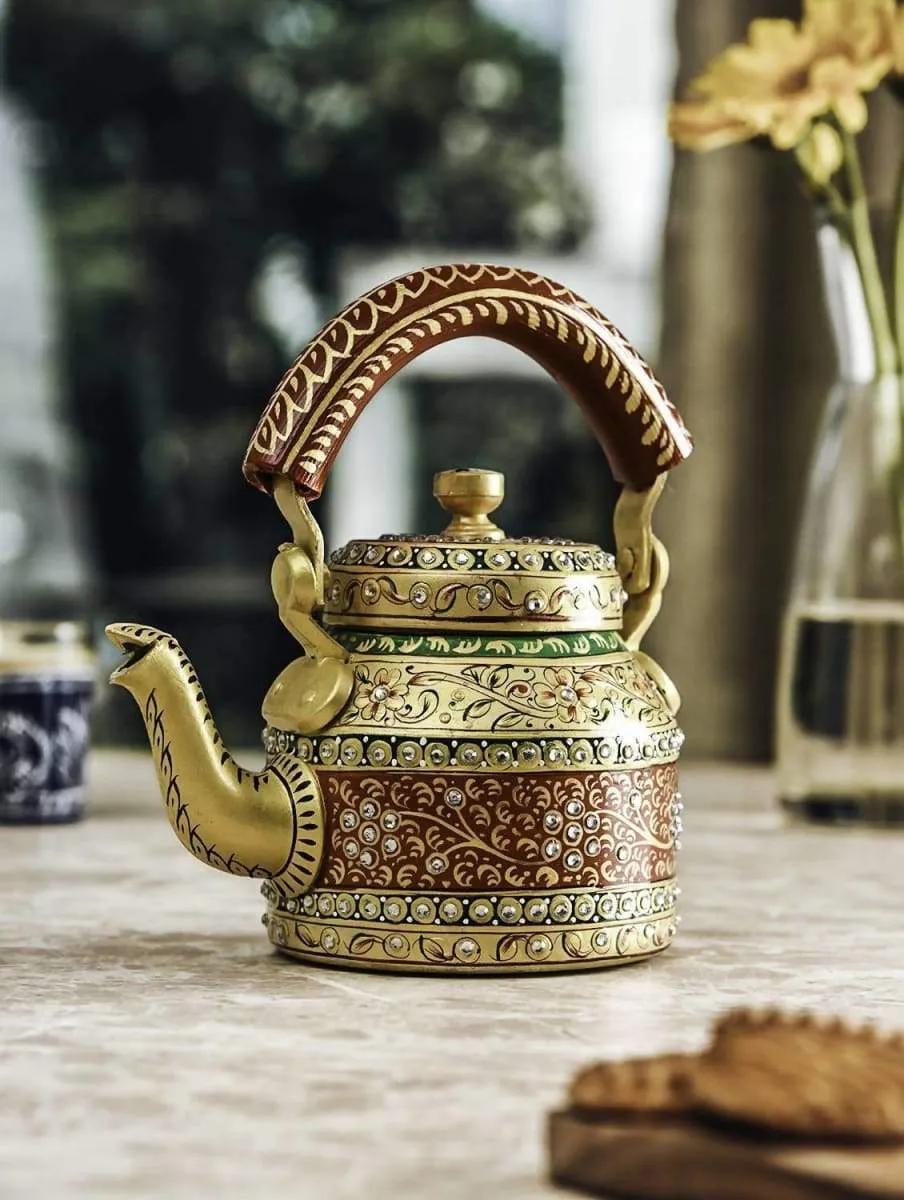 Golden and Red Hand Painted Tea Pot in Aluminium