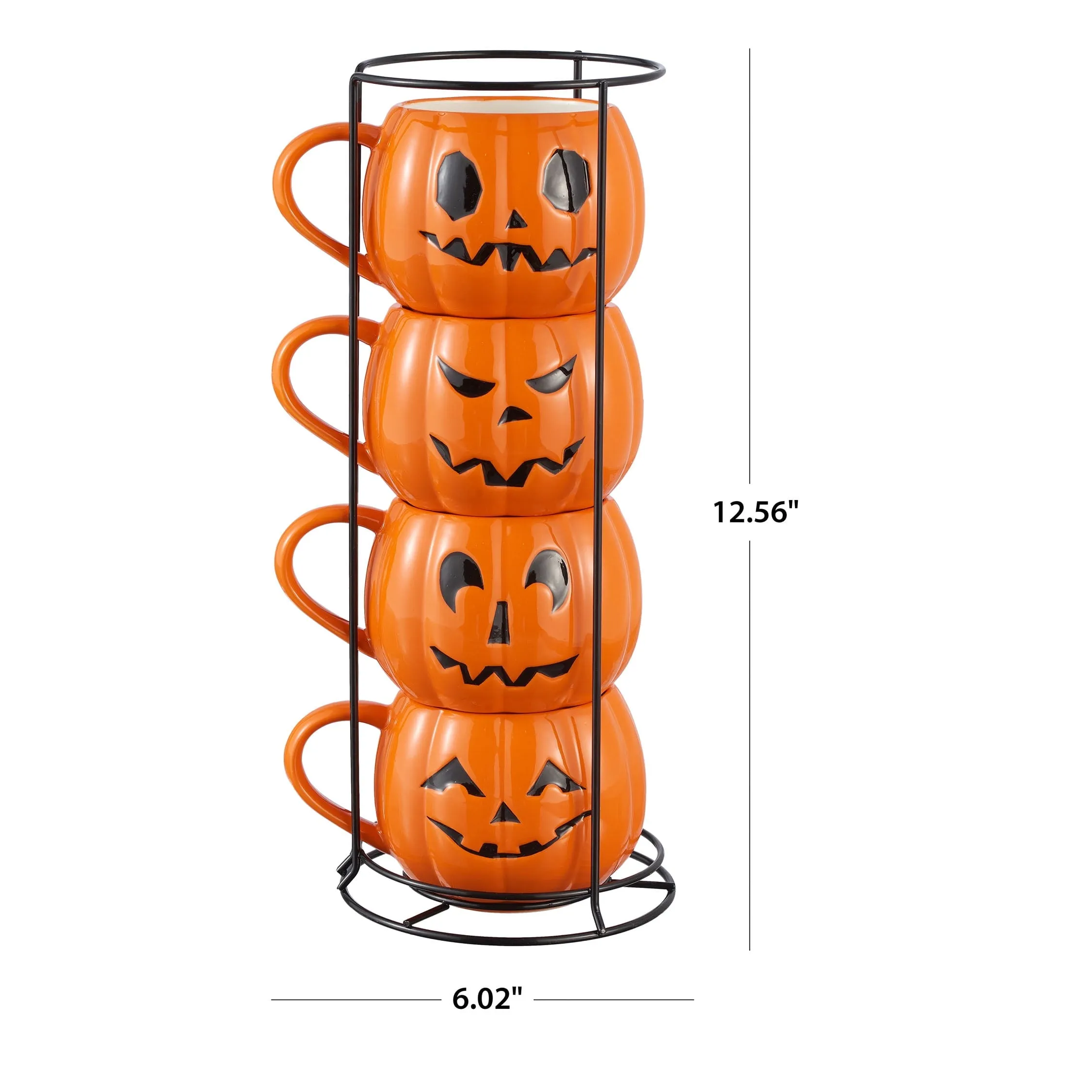 Halloween 13-Ounce Orange Pumpkin Stoneware Stackable Mug Set with Iron Rack, by