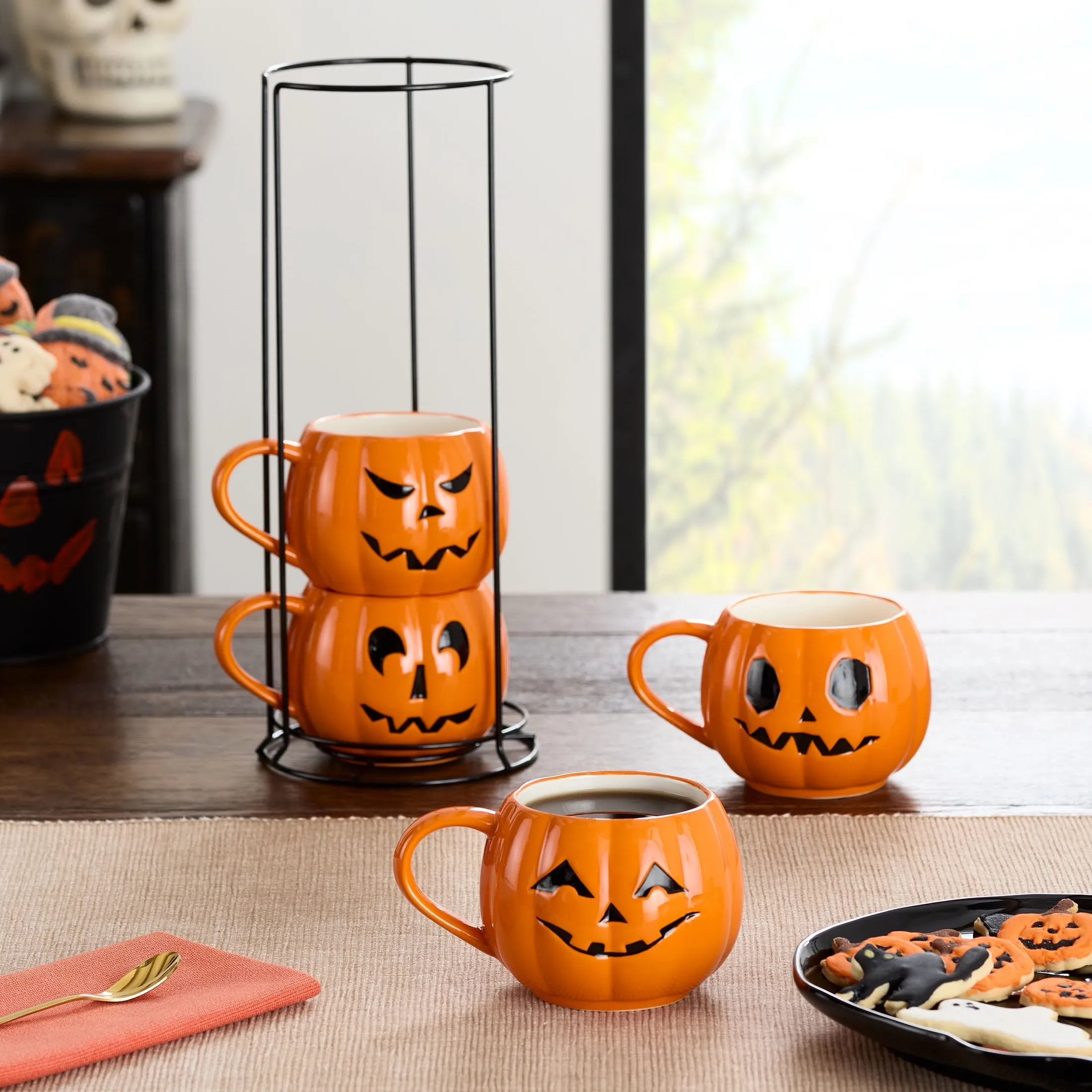 Halloween 13-Ounce Orange Pumpkin Stoneware Stackable Mug Set with Iron Rack, by