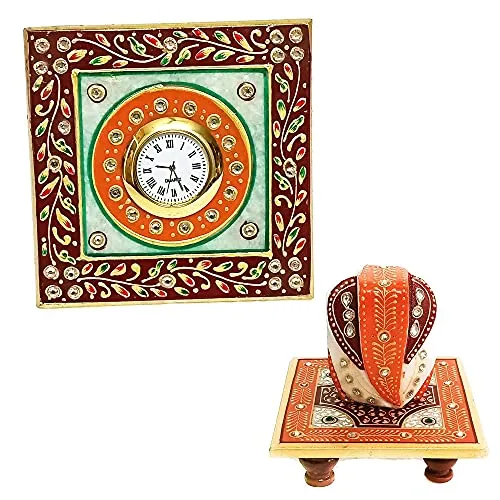 Handicraft Kingdom Marble Clock with Ganesha for Office, Home Living Room, Bedroom with Ganesh Chowki| Approx Size (4 x 4 Inch) & Wt (600 Gm) Pack of 3