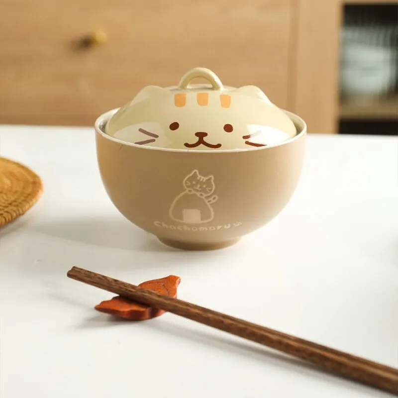 Japanese Cute Cat Ceramic Soup Bowl with Cover