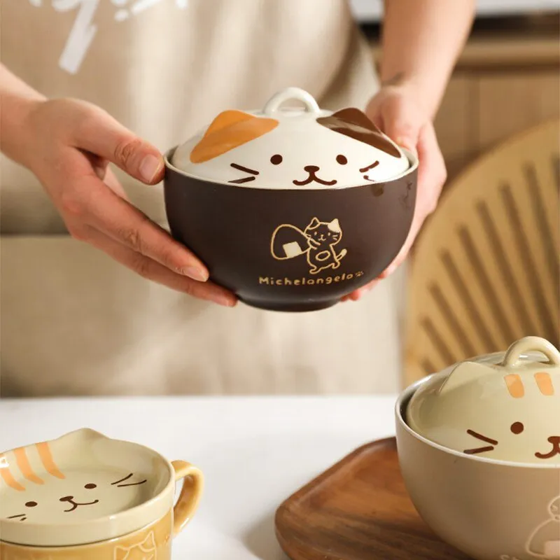 Japanese Cute Cat Ceramic Soup Bowl with Cover