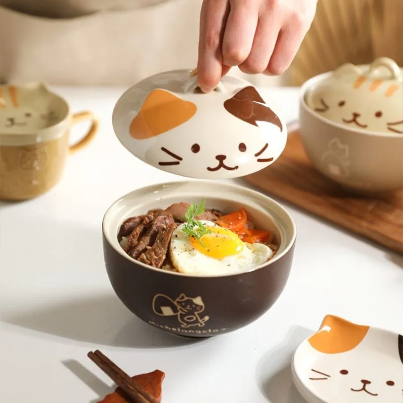 Japanese Cute Cat Ceramic Soup Bowl with Cover