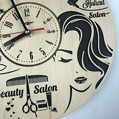 NABSTER Hairdresser Wall Clock Made of Eco Friendly Wood - Unique Barbershop Rakhi Gift Idea and Home Decor - for Home Living Room Kitchen Salon 12 Inch