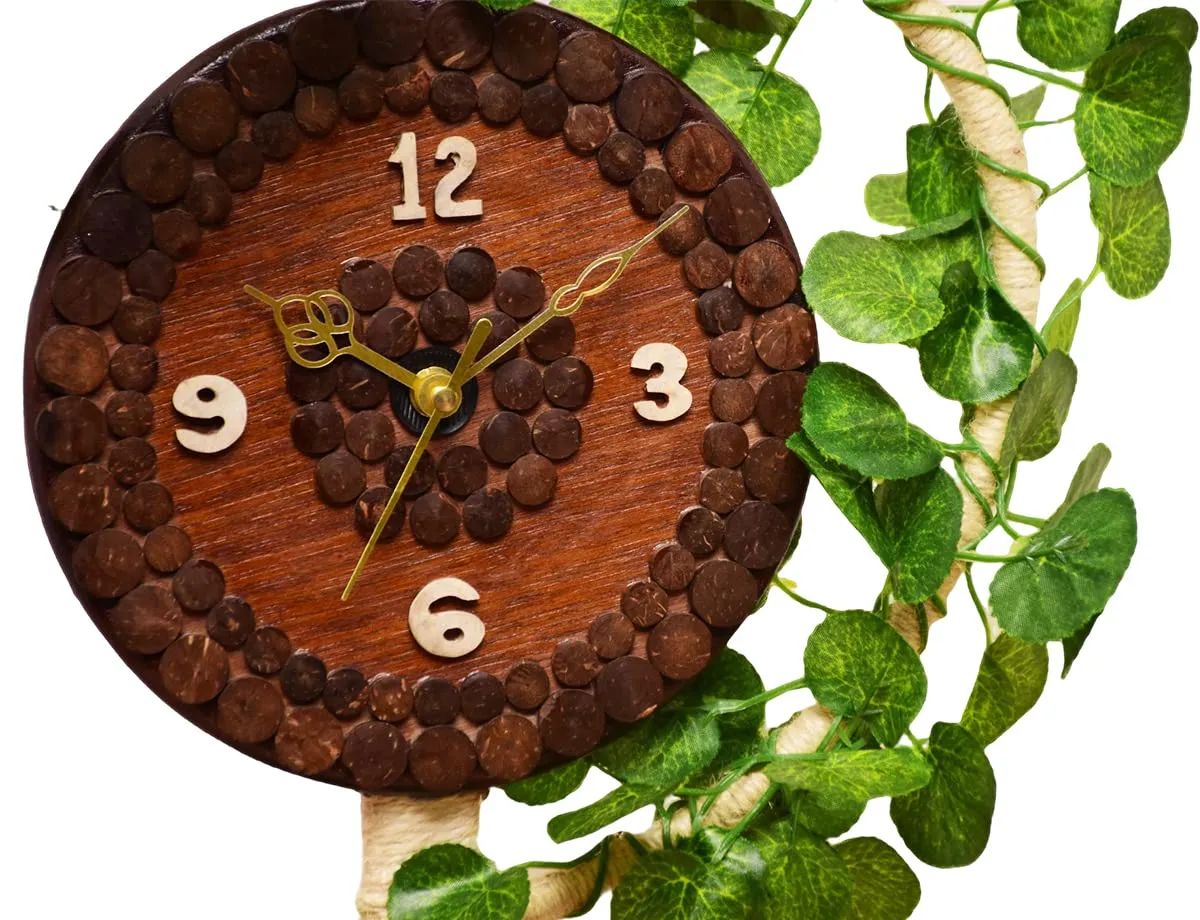 N&H Natural Eco-Friendly Handmade Coconut Shell Table Clock with Leaves Design | Desk Clock | Table Clock for Home Decor | Table Clock for Office & Corporate Gift, Birthday Gift, Handicrafts Items