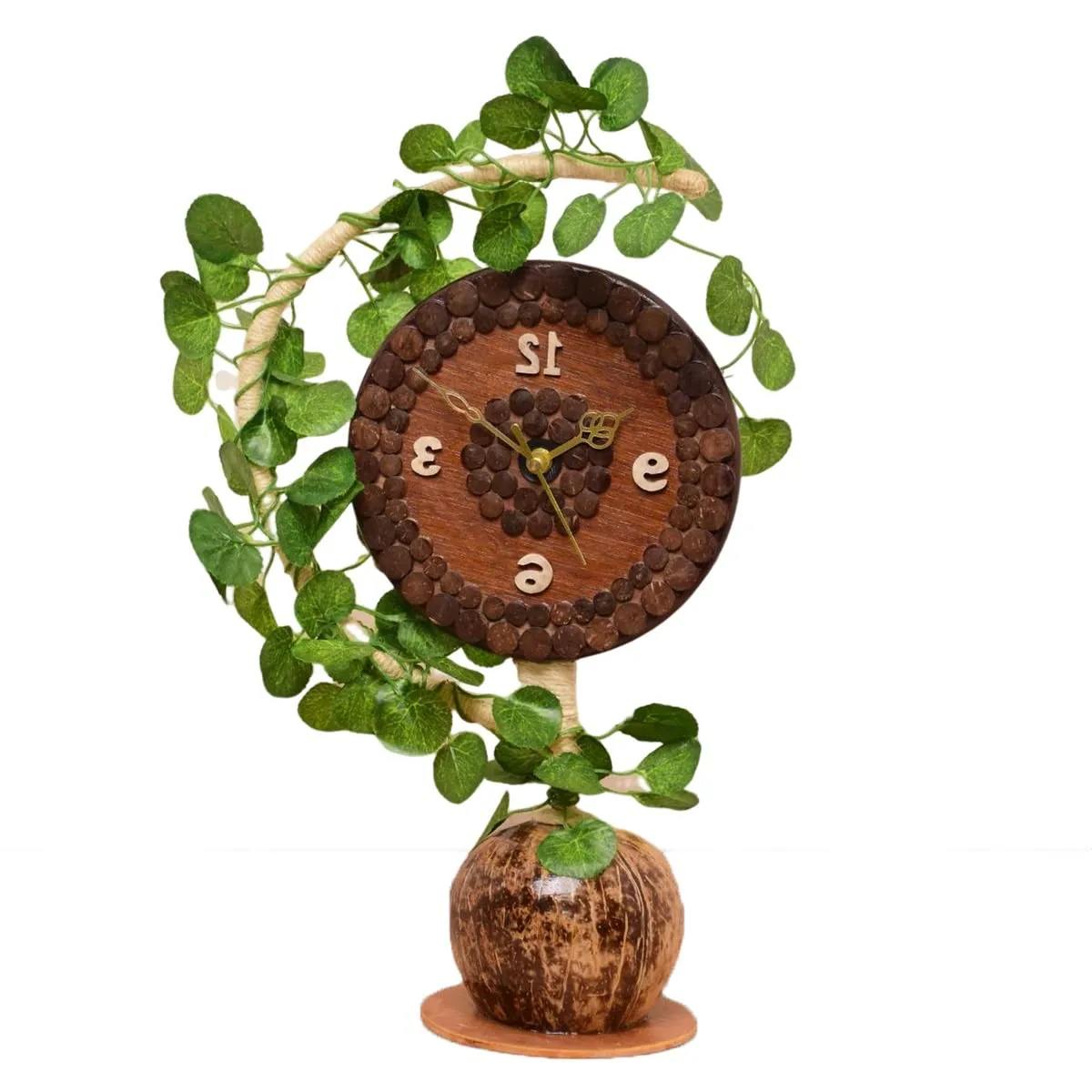 N&H Natural Eco-Friendly Handmade Coconut Shell Table Clock with Leaves Design | Desk Clock | Table Clock for Home Decor | Table Clock for Office & Corporate Gift, Birthday Gift, Handicrafts Items