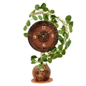 N&H Natural Eco-Friendly Handmade Coconut Shell Table Clock with Leaves Design | Desk Clock | Table Clock for Home Decor | Table Clock for Office & Corporate Gift, Birthday Gift, Handicrafts Items